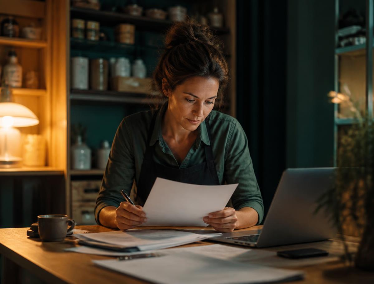 A small business owner reviewing grant paperwork late in the evening